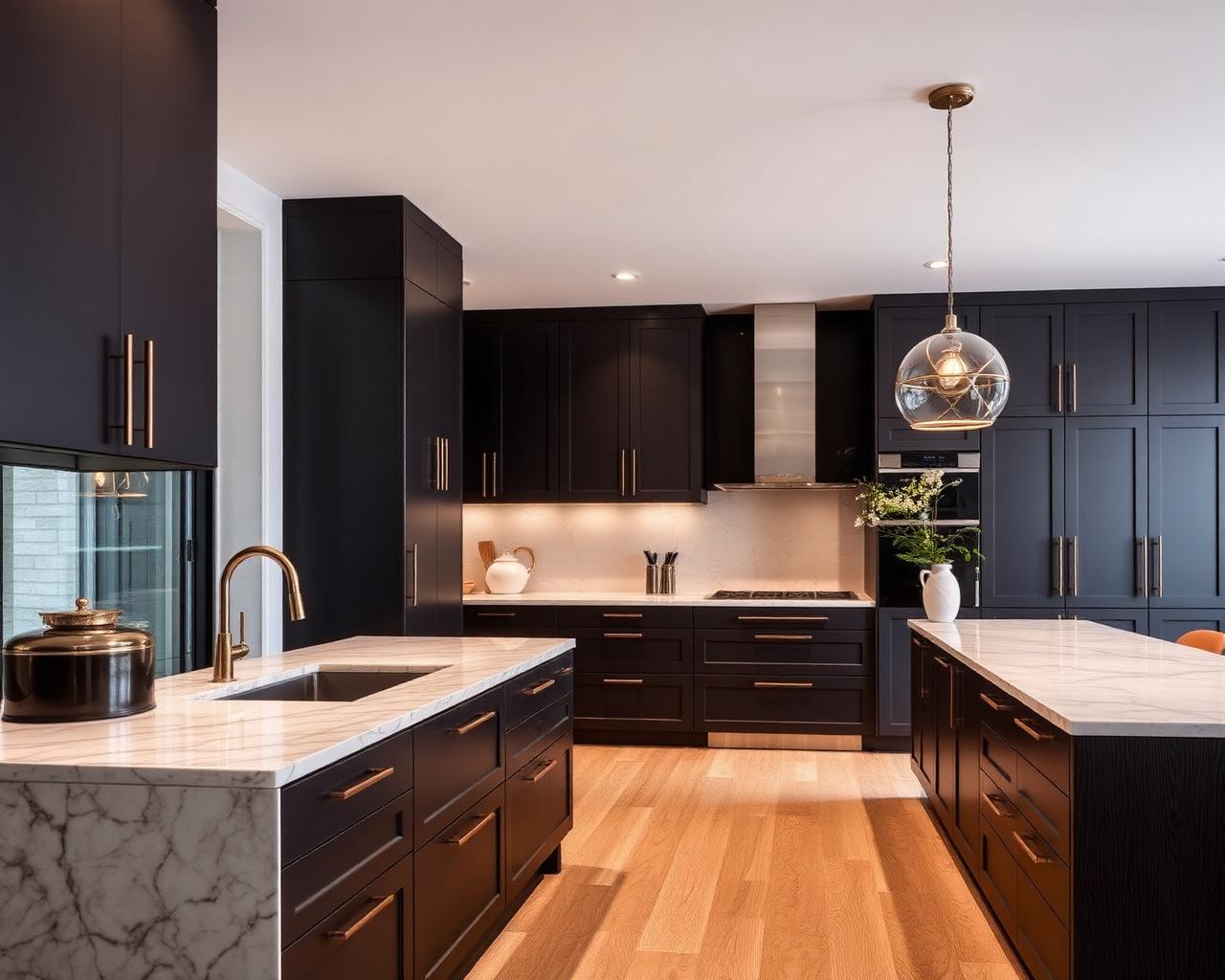 Modern dark kitchen with marble island