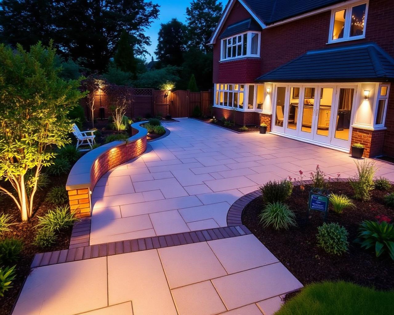 Landscaped garden with patio and driveway lighting
