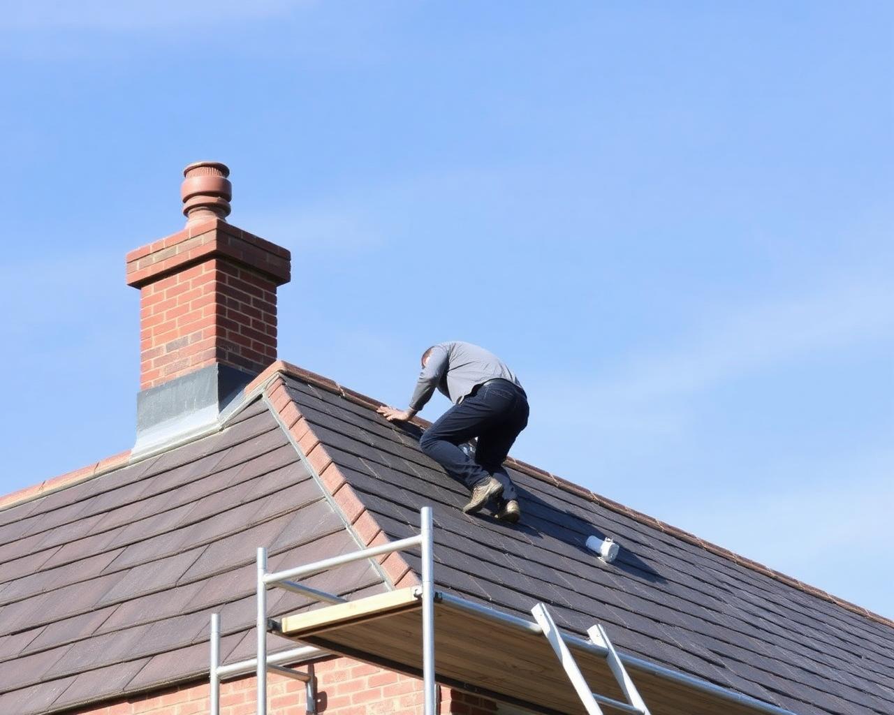 Roofer laying tiles on a pitched roof