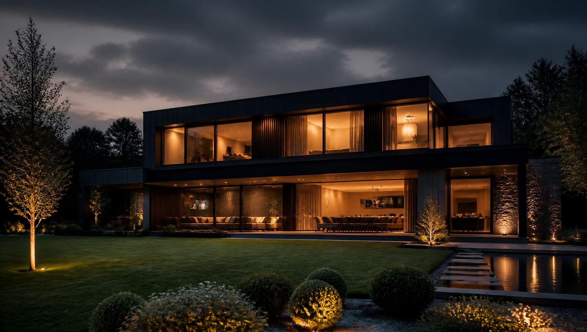 Luxury modern new build house completed by Modena Builders at dusk